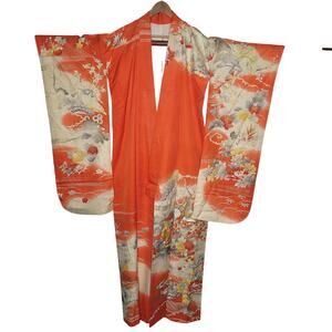 Vintage Silk Furisode (long sleeve) Kimono Robe Orange Gold Silver Embroidery